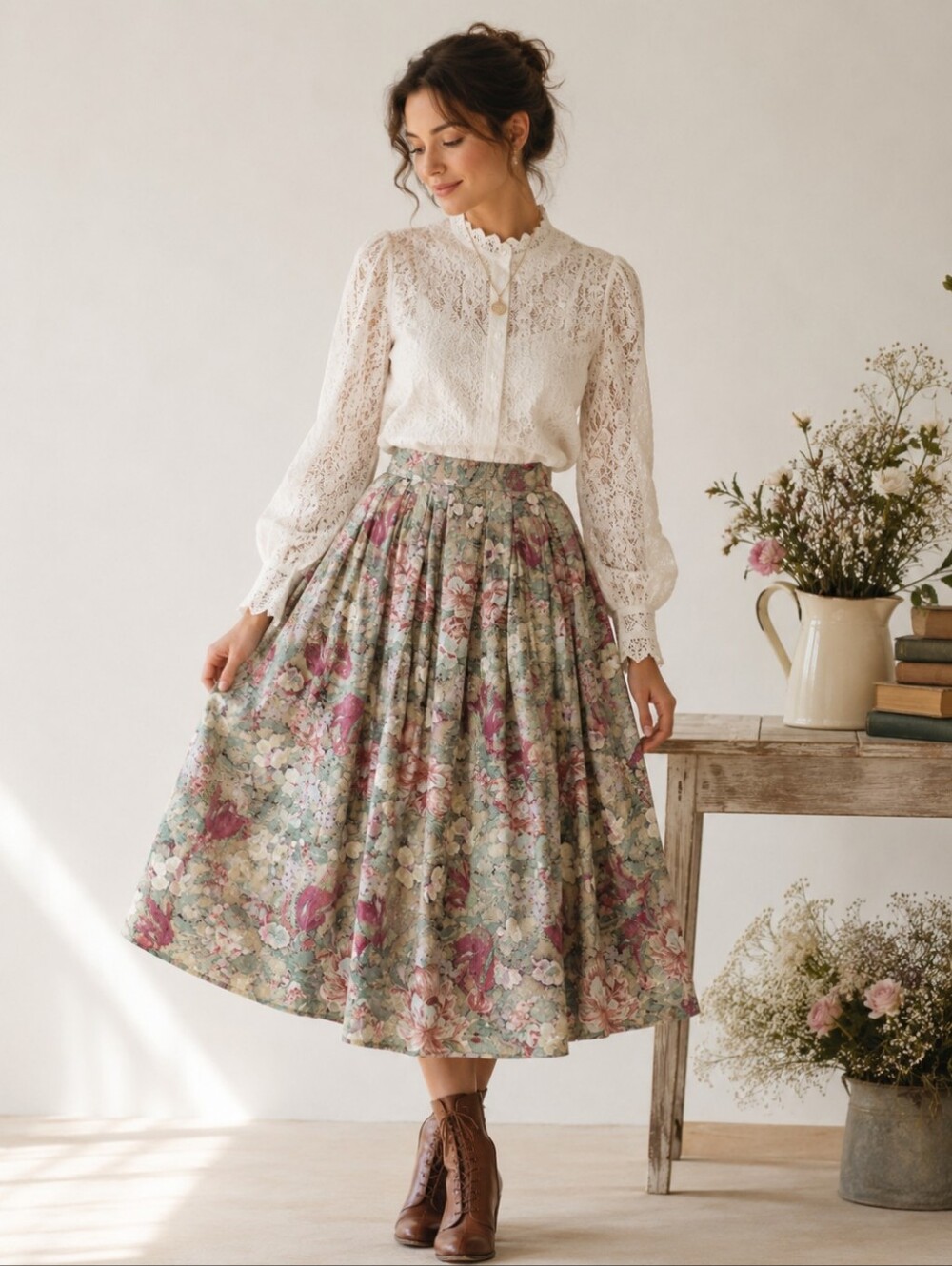 Vtg Floral Pleated Midi Skirt in Teal/ Pink Cottagecore Romantic Feminine Sz XS